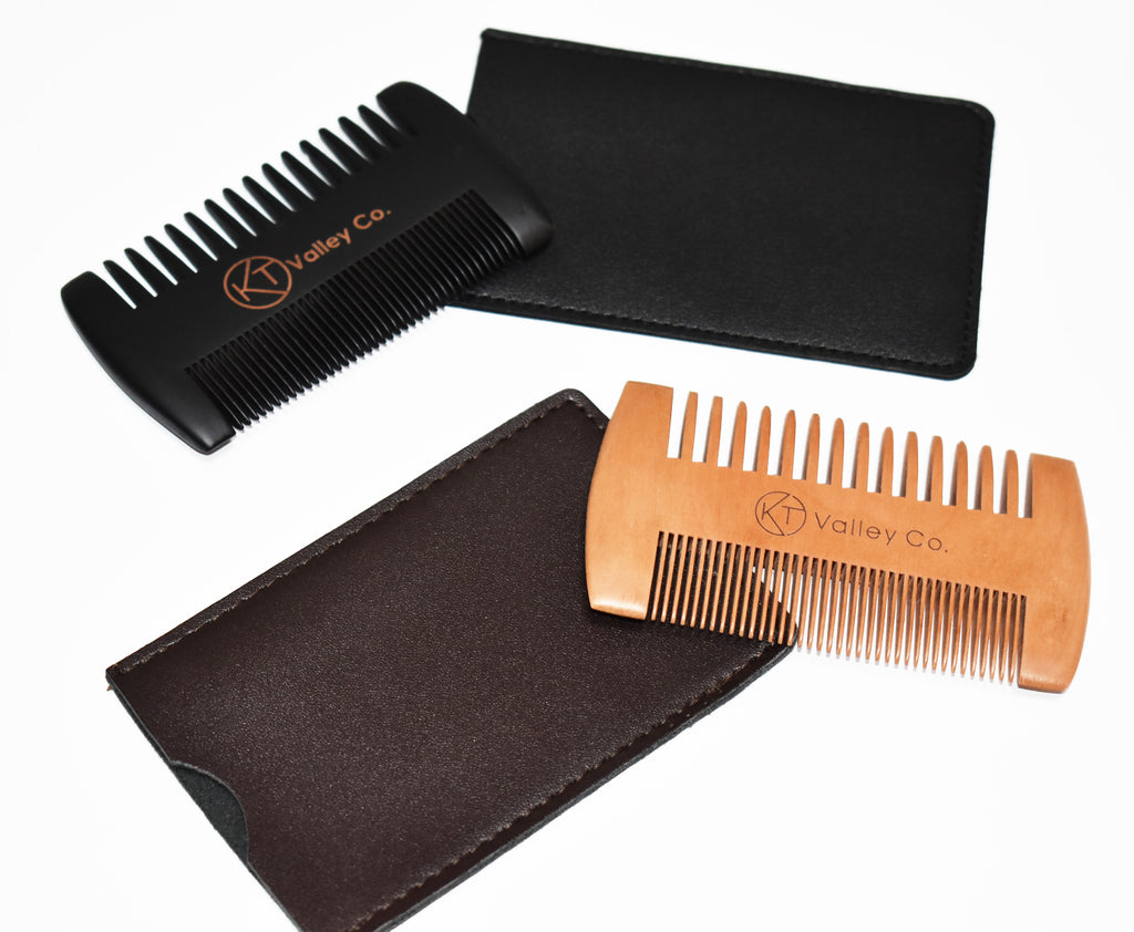 Double-Sided Wood Beard Comb with Sleeve - Black