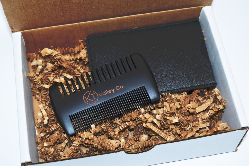 Double-Sided Wood Beard Comb with Sleeve - Black